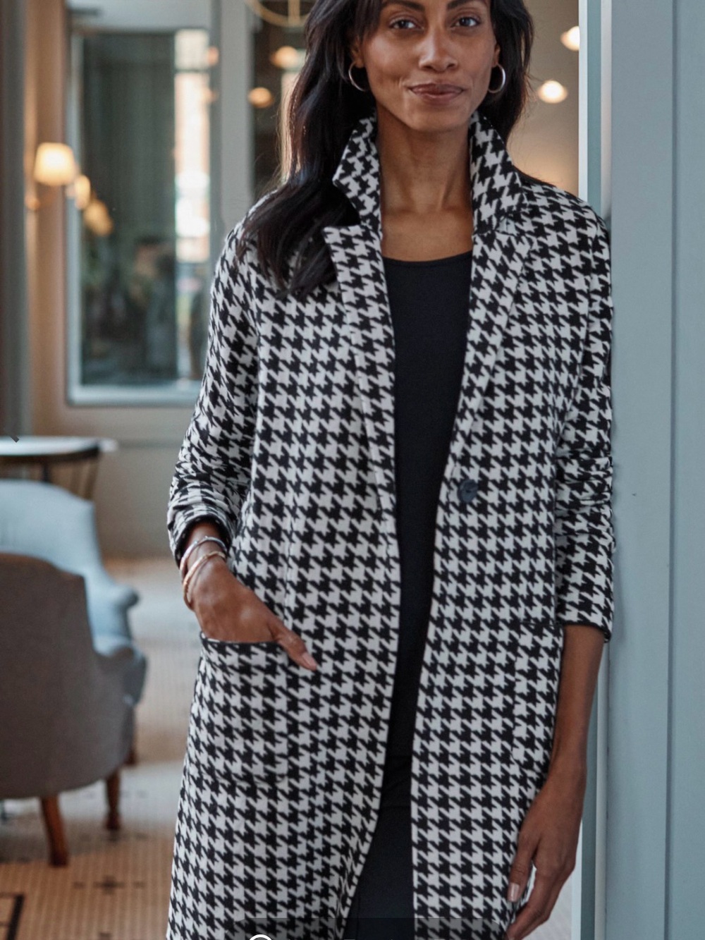 J. Jill Wearever Houndstooth Black/Off White Button Jacket Pockets XL Mid Length